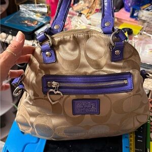 Coach Beige Signature Satchel with Purple Trim